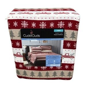 Cuddl Duds Festive Holiday Red Truck Heavyweight Twin Flannel Sheets Winter NWT